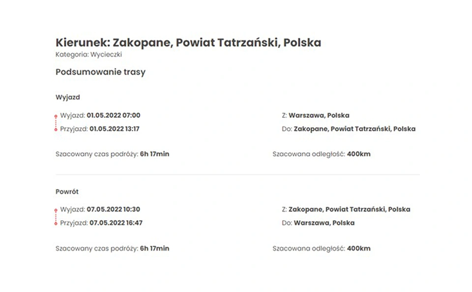 Plan podróży wynajętego autobusu