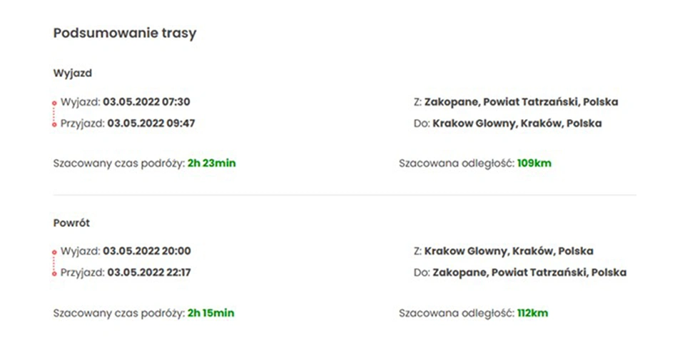 Plan podróży wynajętego autobusu